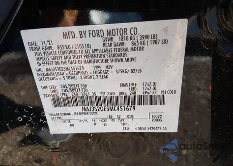 2021 Ford Ecosport Se из США, поврежденный, VIN MAJ3S2GE5MC451679